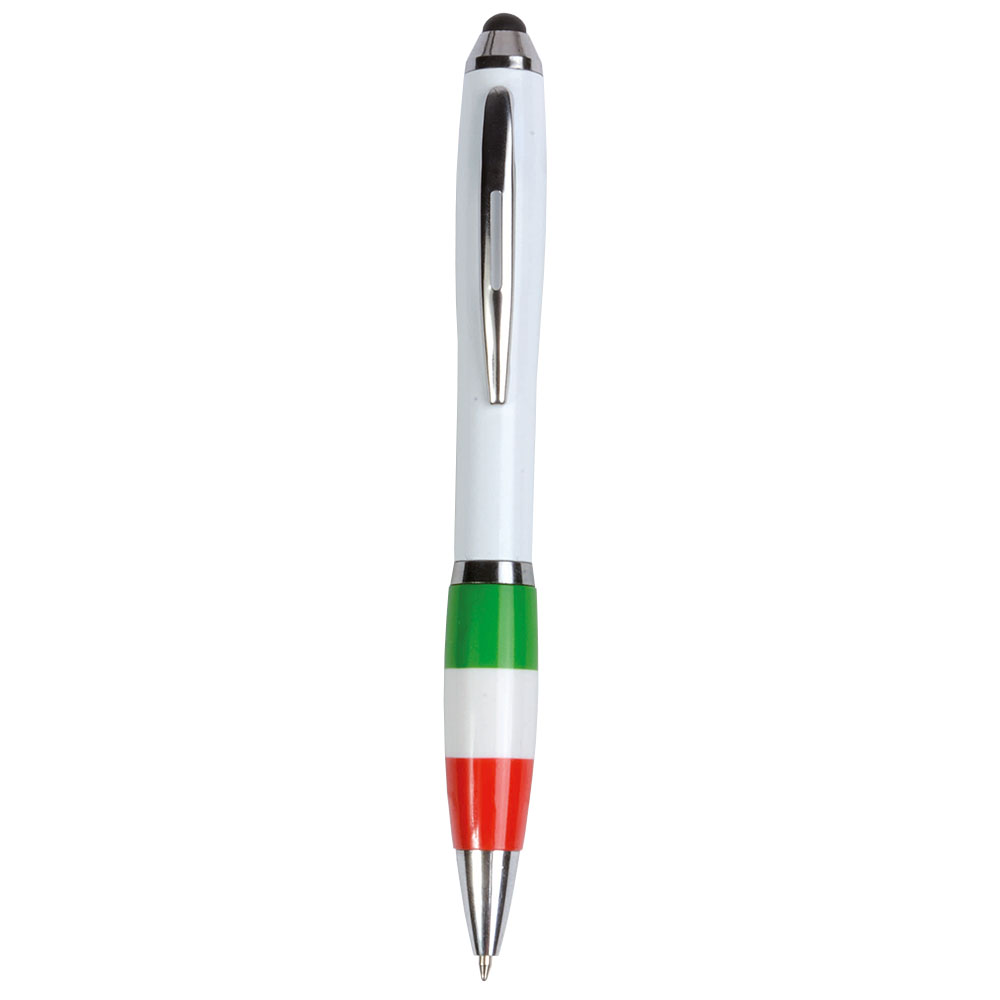 15836_21-2 Penna twist in plastica con fusto bianco, impugnatura tricolore e gommino per touch screen - immagine 1