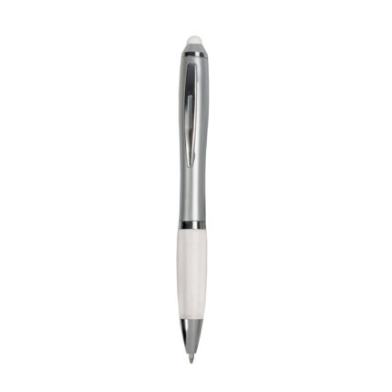 Penna twist in plastica con fusto argentato, impugnatura gommata colorata in tinta