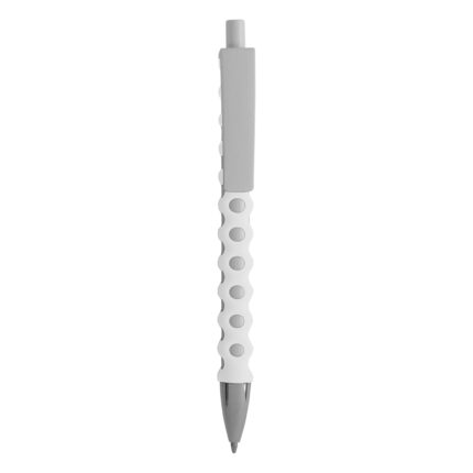 Penna a scatto in plastica con fusto, clip e pulsante bianchi, rivestimento gommato