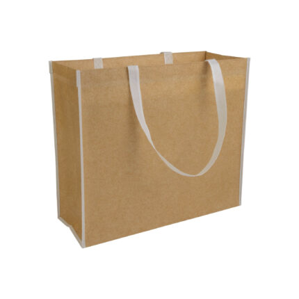 Shopper con soffietto in TNT laminato, manici lunghi a nastro colorati