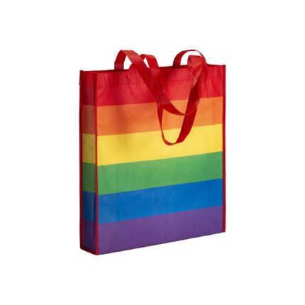 Shopper arcobaleno in r-pet  80g/m2, manici lunghi e soffietto