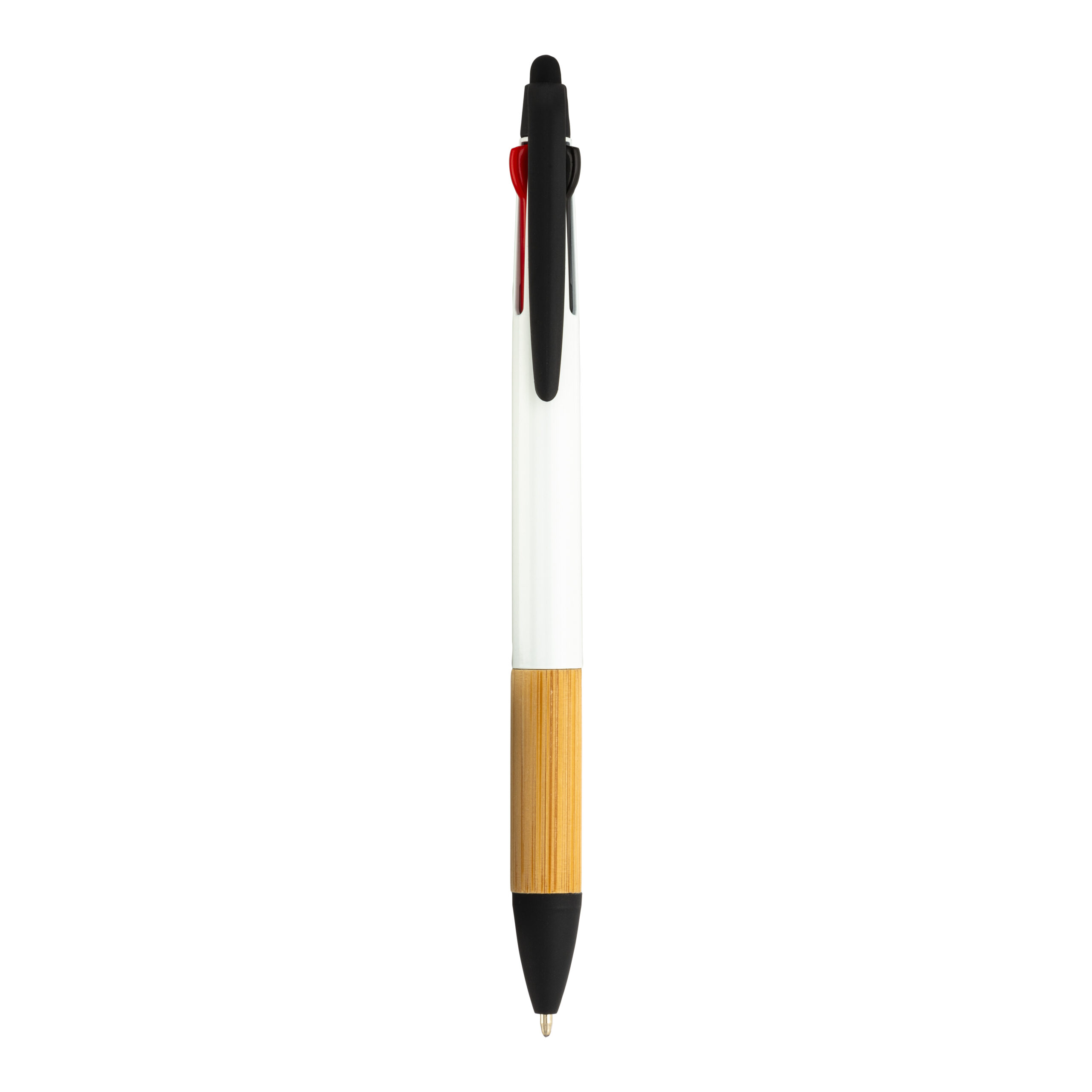 24813_01-10 Penna a scatto in plastica con 3 refill, con gommino per touch screen, impugnatura in bamb - immagine 1