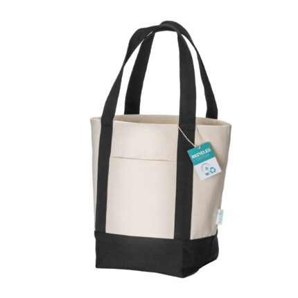 Mini borsa shopper in cotone riciclato da 340 g/m2 con manici e base colorati. GRS