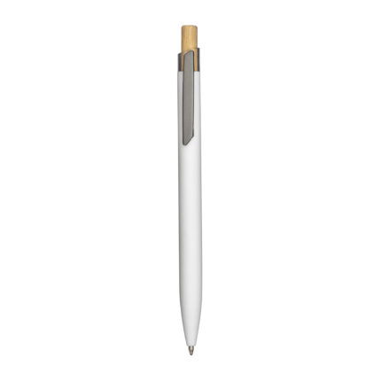 Penna a scatto in alluminio riciclato gommato. Particolari bruniti , pulsante in bambù