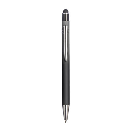 Penna a scatto in alluminio gommato. Fusto sfumato, clip e particolari metallizzati