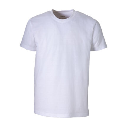 T-shirt unisex bianca in cotone e poliestere rigenerati da 145 g/m2